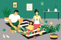 Happy family plays cubes at home. Father and mother plays with daughter. Modern flat design concept of pastime at home.